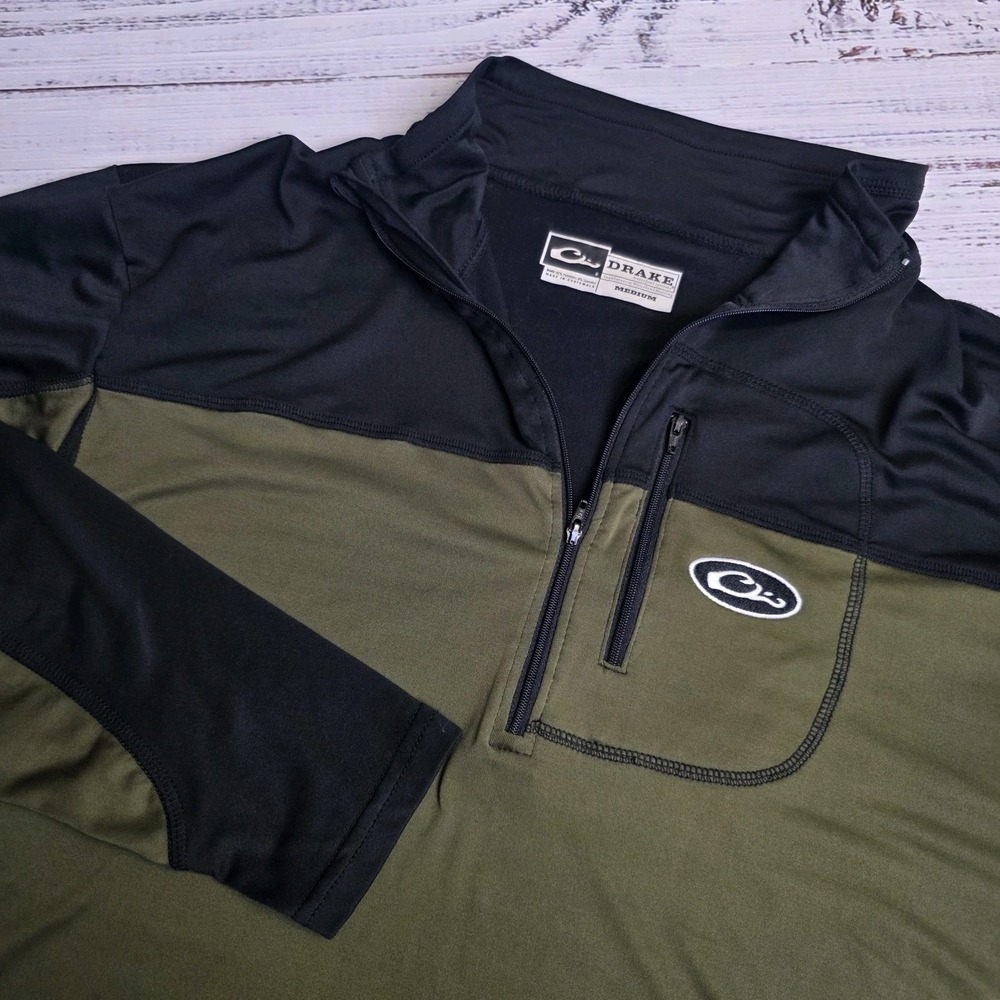 Drake Waterfowl Base Layer Shirt Green‎ Black 1/4 Zip Mens Medium Performance